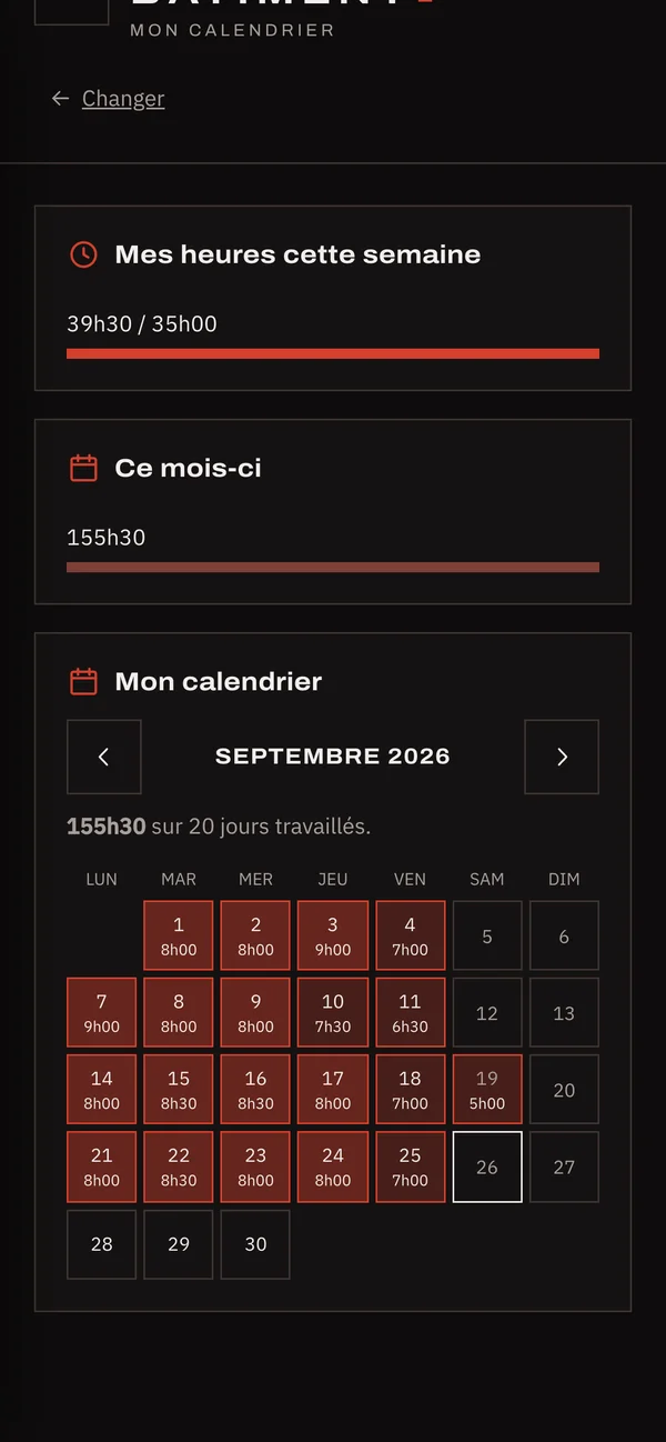 Calendrier du salarié : heures de chaque jour du mois
