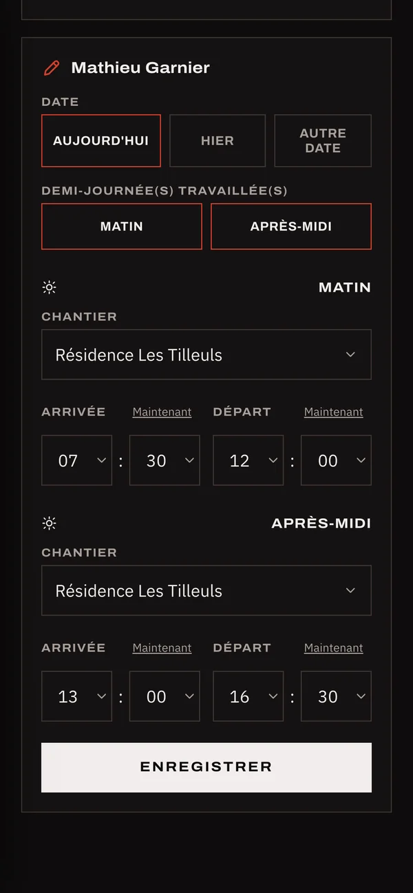 Pointeuse sur téléphone : matin, après-midi et chantier