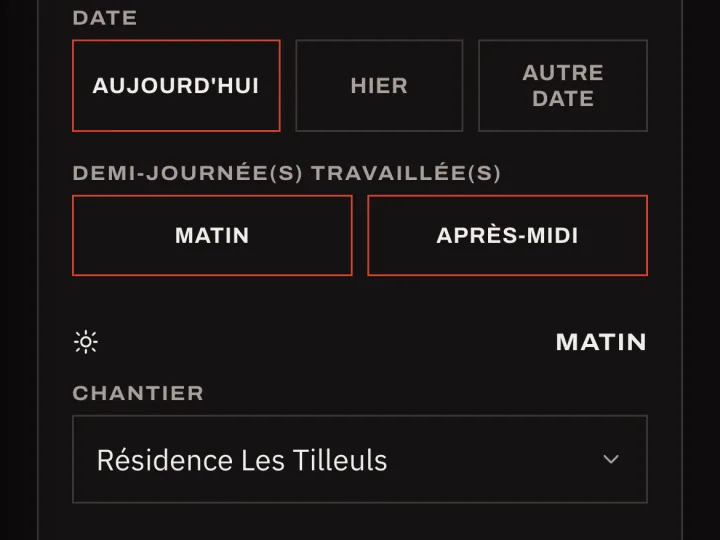 Saisie des heures : matin, après-midi et chantier