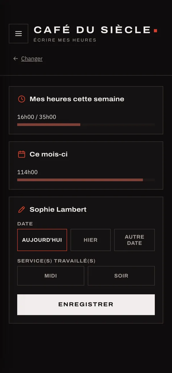 Pointeuse sur téléphone : service midi ou soir