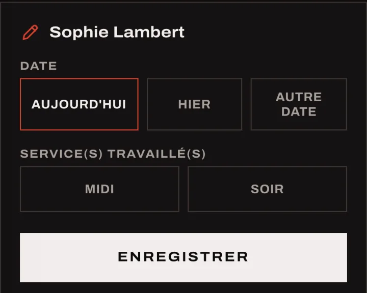 Saisie des heures : date, service midi ou soir
